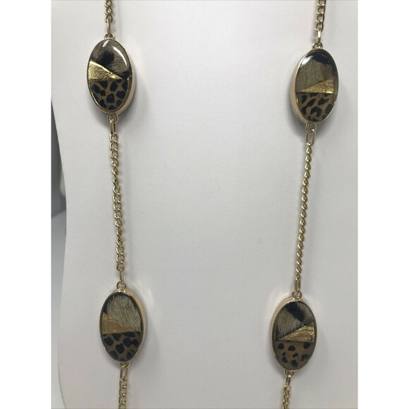 CHICO'S Necklace Animal Print Faux Fur Oval Beads Gold Tone Brown LONG Strand - Picture 1 of 11